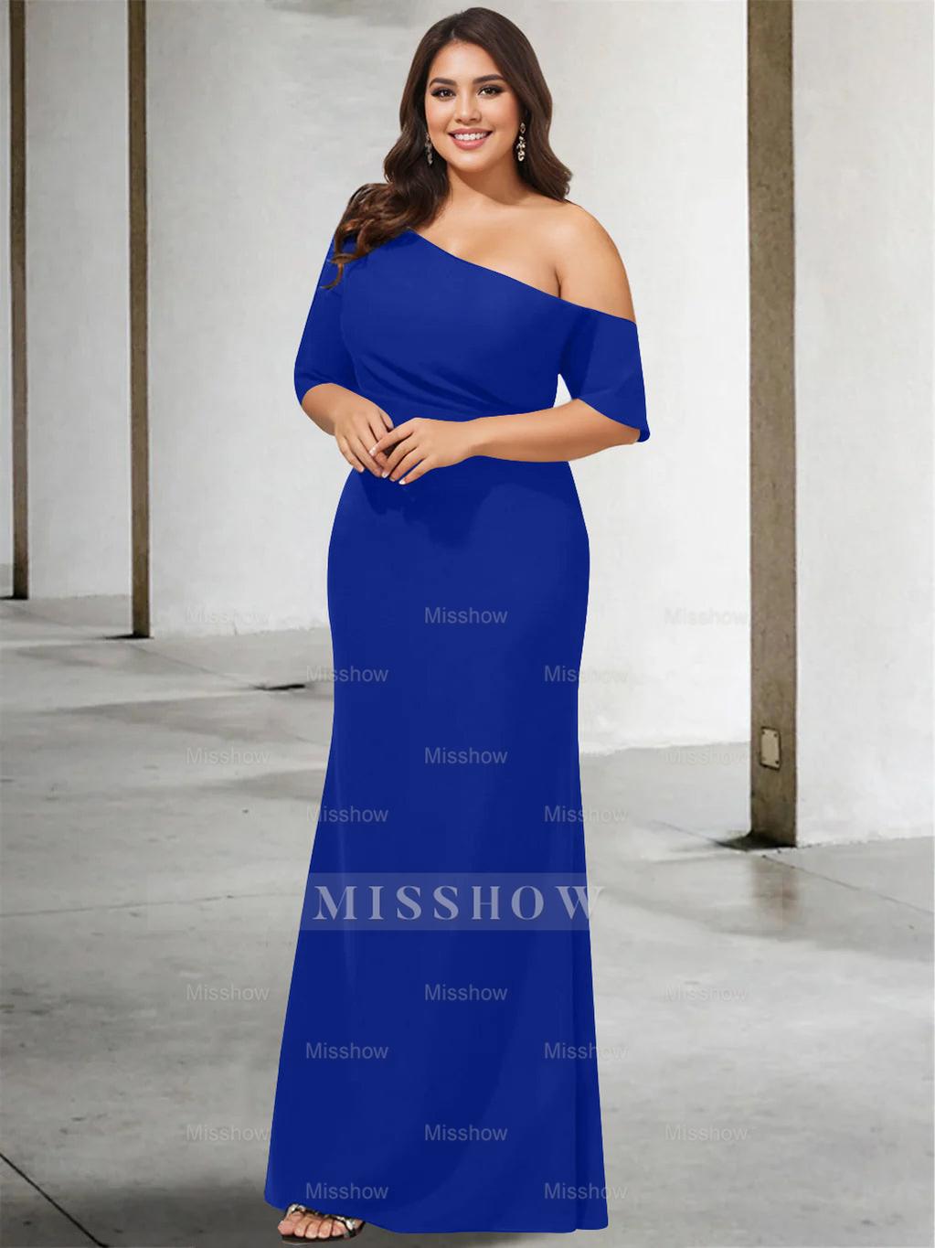 Princess A-Line Floor-Length One-Shoulder 3/4 Sleeve Pure Color Plus Size Mother of the Bride Gown