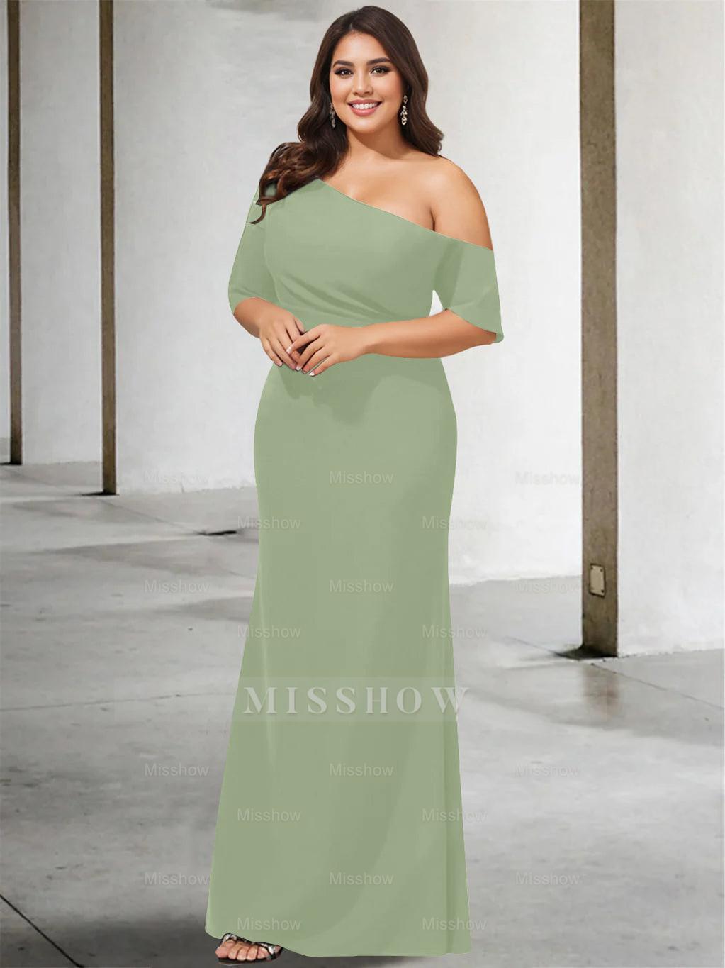 Princess A-Line Floor-Length One-Shoulder 3/4 Sleeve Pure Color Plus Size Mother of the Bride Gown