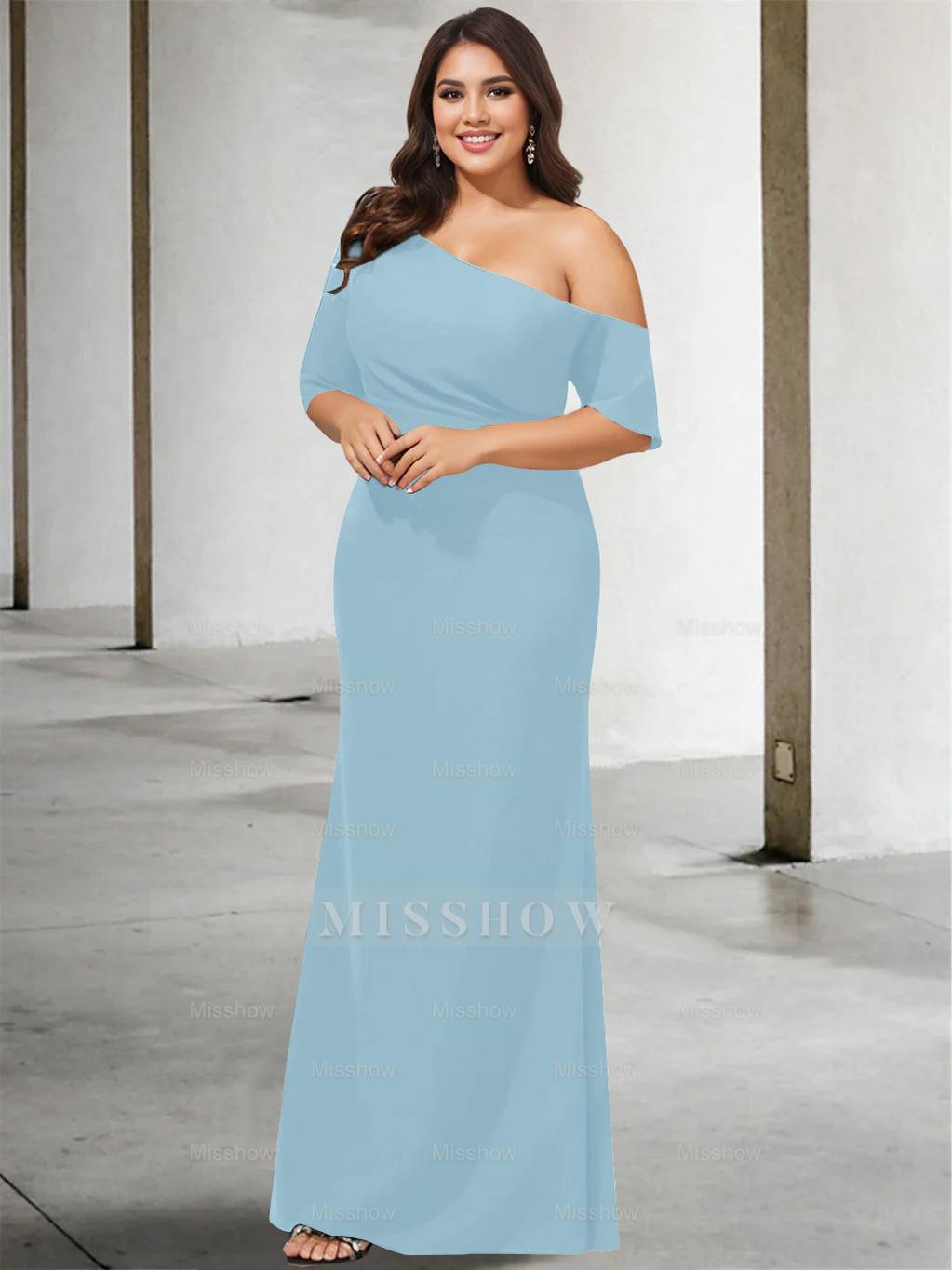 Princess A-Line Floor-Length One-Shoulder 3/4 Sleeve Pure Color Plus Size Mother of the Bride Gown