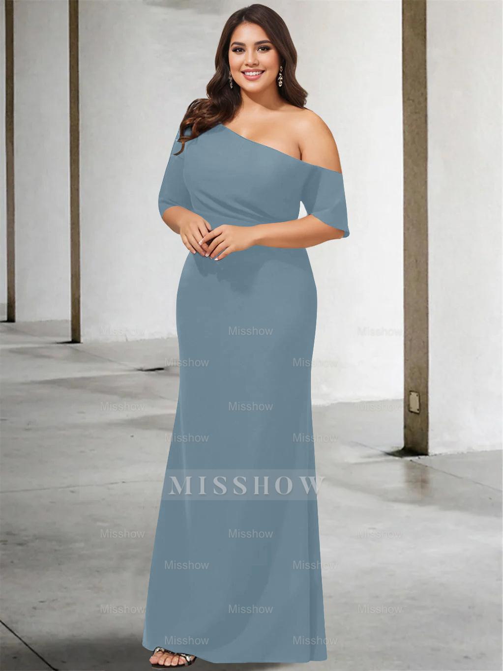 Princess A-Line Floor-Length One-Shoulder 3/4 Sleeve Pure Color Plus Size Mother of the Bride Gown