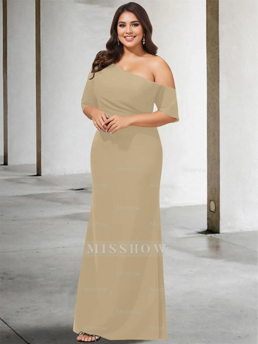 Princess A-Line Floor-Length One-Shoulder 3/4 Sleeve Pure Color Plus Size Mother of the Bride Gown