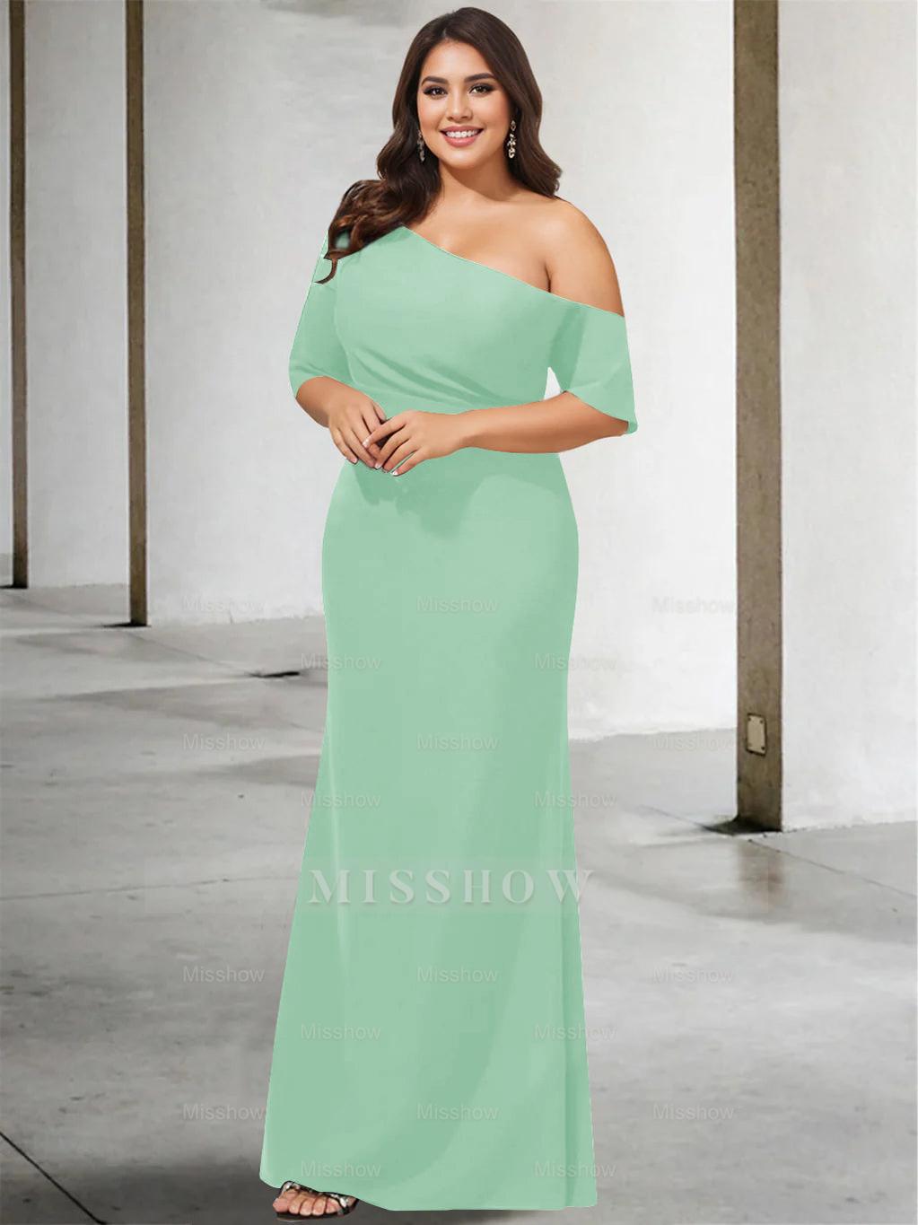 Princess A-Line Floor-Length One-Shoulder 3/4 Sleeve Pure Color Plus Size Mother of the Bride Gown