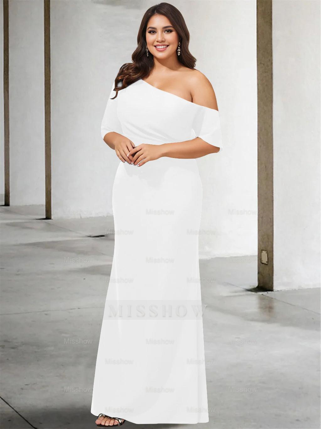 Princess A-Line Floor-Length One-Shoulder 3/4 Sleeve Pure Color Plus Size Mother of the Bride Gown