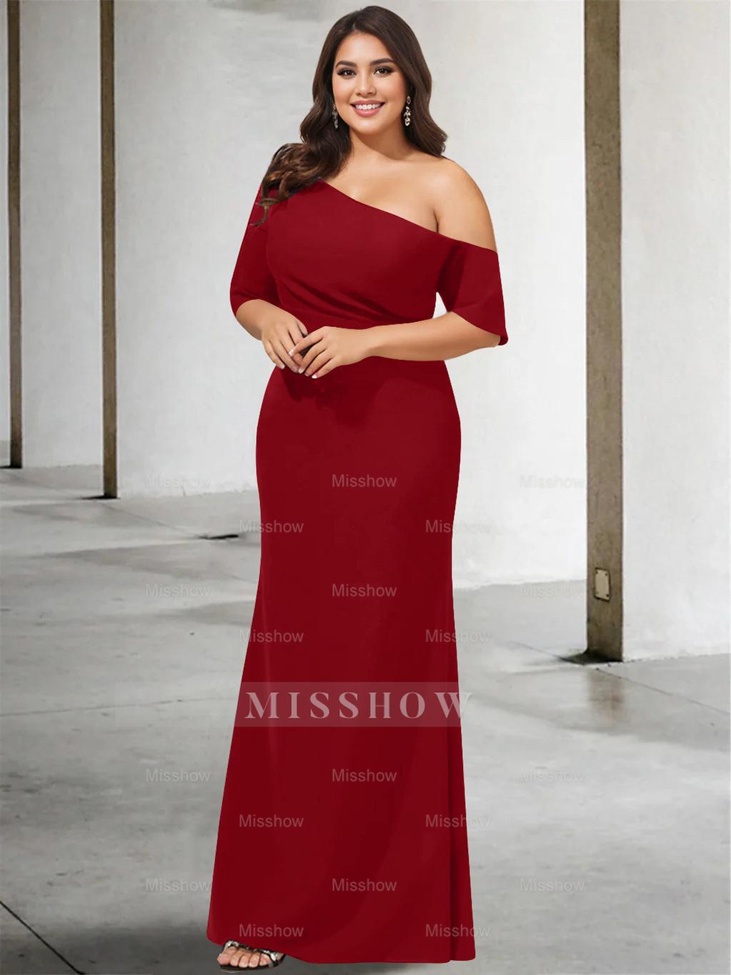 Princess A-Line Floor-Length One-Shoulder 3/4 Sleeve Pure Color Plus Size Mother of the Bride Gown