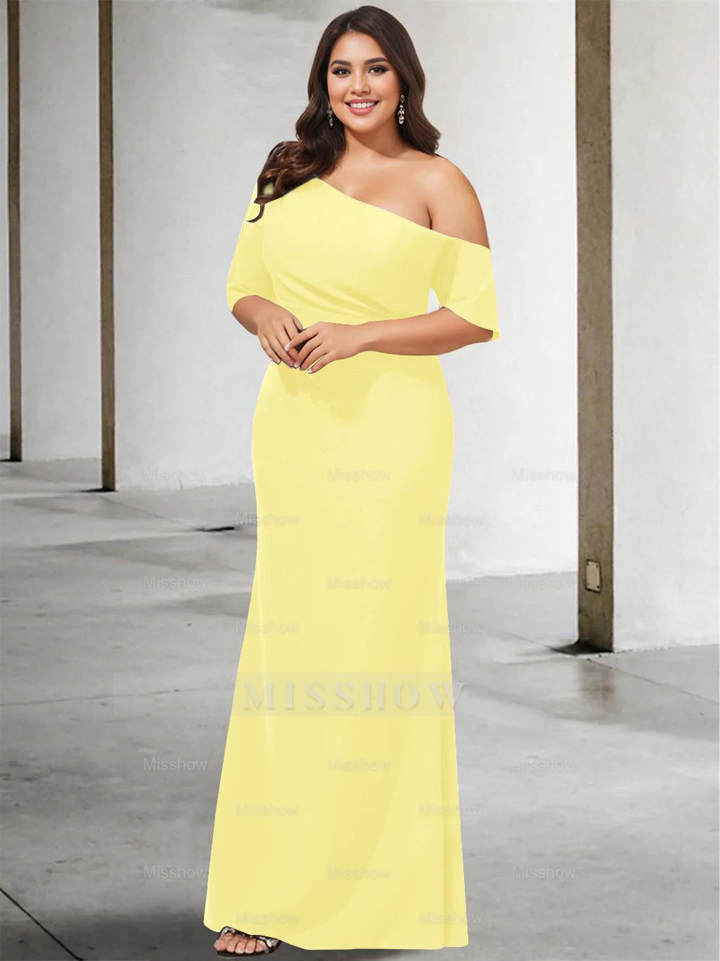 Princess A-Line Floor-Length One-Shoulder 3/4 Sleeve Pure Color Plus Size Mother of the Bride Gown