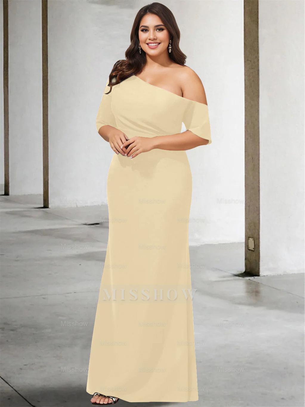 Princess A-Line Floor-Length One-Shoulder 3/4 Sleeve Pure Color Plus Size Mother of the Bride Gown