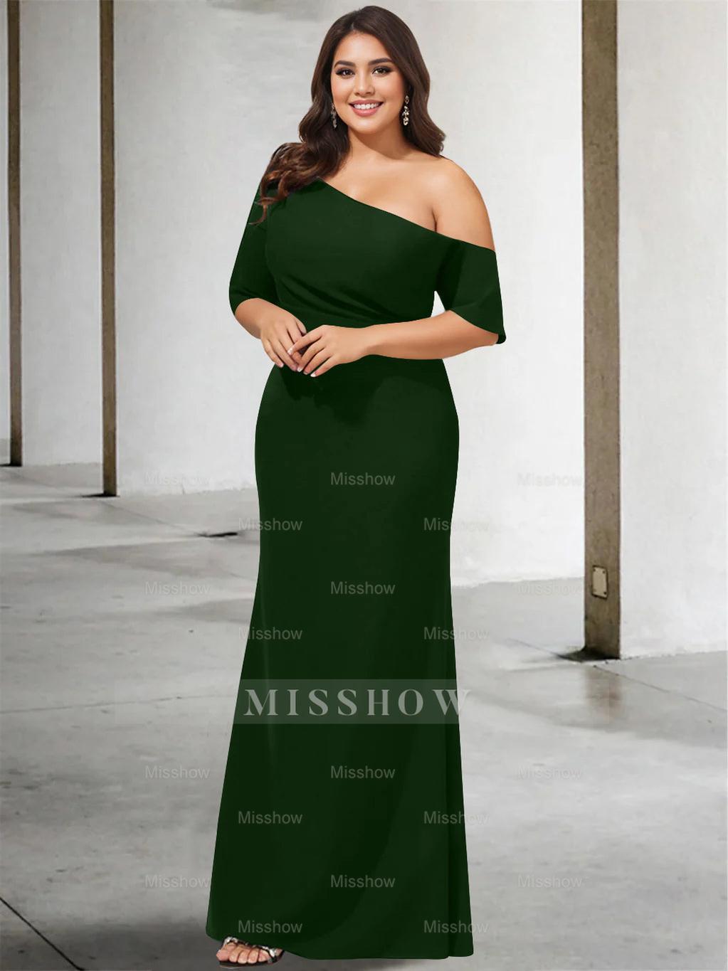 Princess A-Line Floor-Length One-Shoulder 3/4 Sleeve Pure Color Plus Size Mother of the Bride Gown