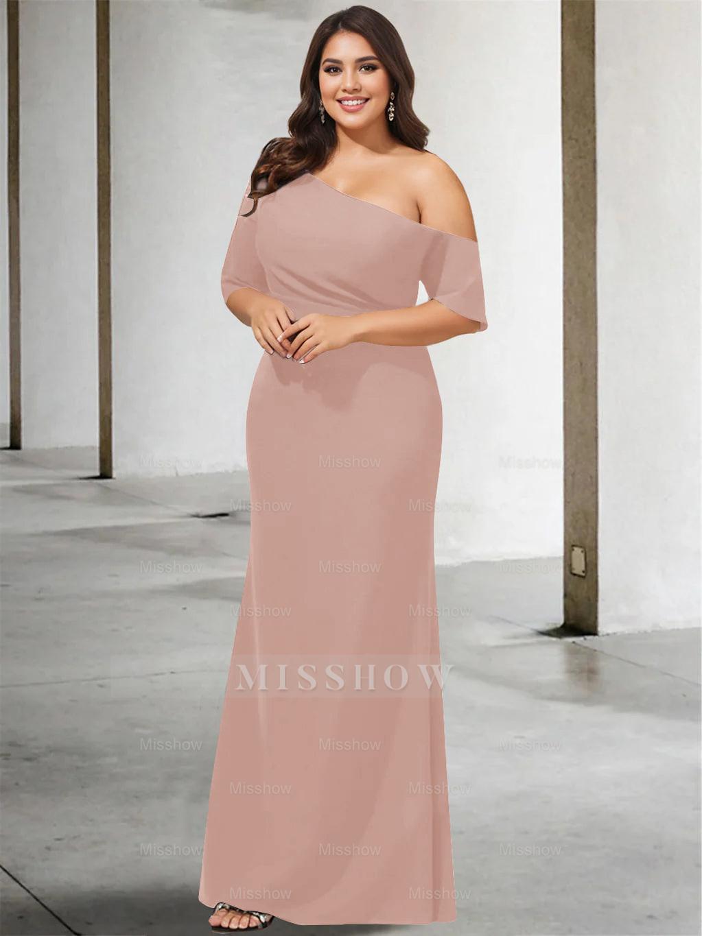 Princess A-Line Floor-Length One-Shoulder 3/4 Sleeve Pure Color Plus Size Mother of the Bride Gown