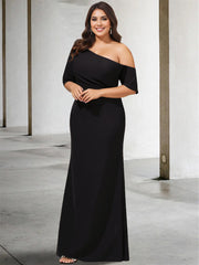 Princess A-Line Floor-Length One-Shoulder 3/4 Sleeve Pure Color Plus Size Mother of the Bride Gown