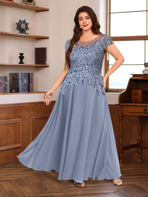 Princess A-Line Floor-Length Plus Size Mother of the Bride Dress with Scoop Neck and Short Sleeves Featuring Appliques