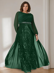 Princess A-Line Floor-Length Plus Size Mother of the Bride Gown with Scoop Neck and Long Sequined Sleeves