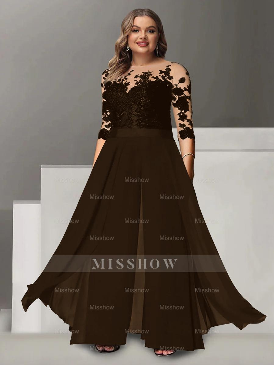 Princess A-Line Floor-Length Plus Size Mother of the Bride Pantsuit with Applique and 3/4 Sleeves Jewel Neck