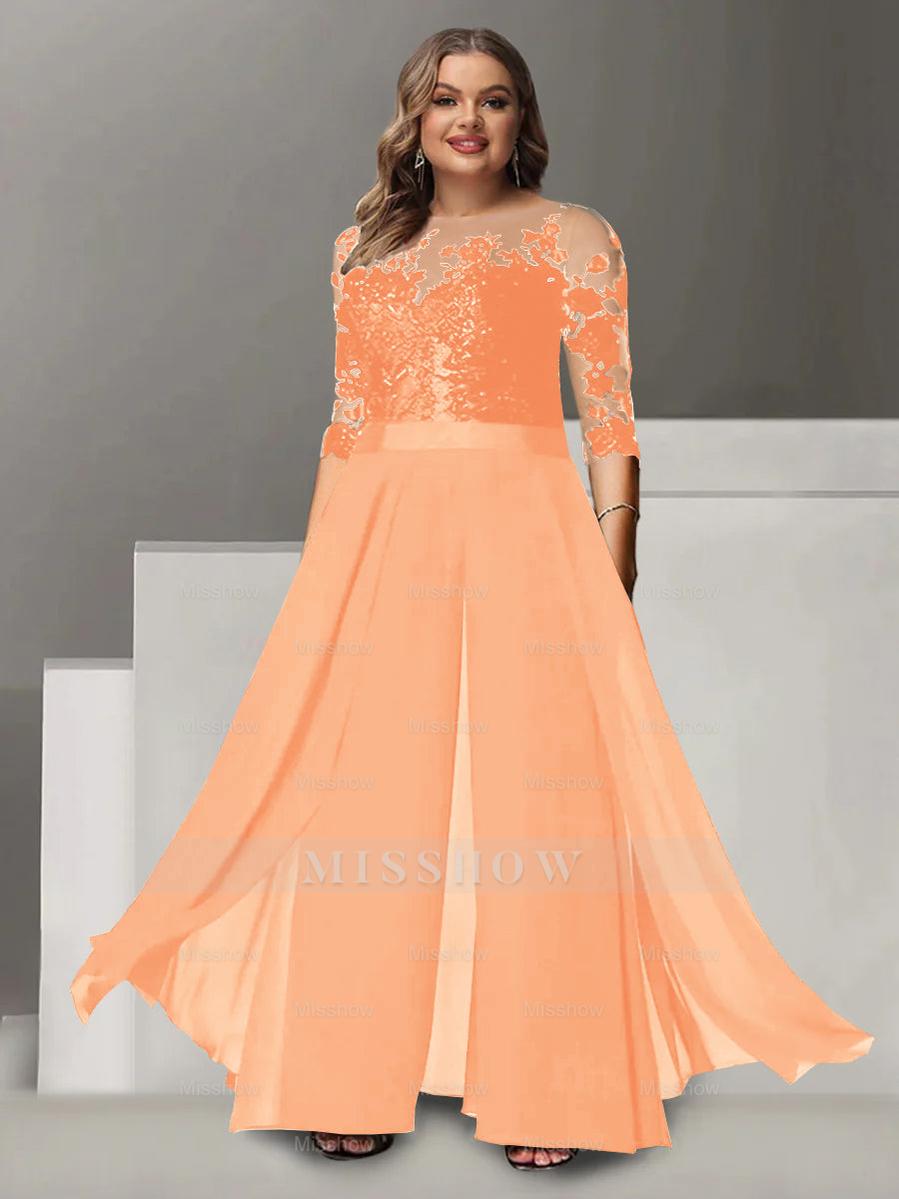 Princess A-Line Floor-Length Plus Size Mother of the Bride Pantsuit with Applique and 3/4 Sleeves Jewel Neck