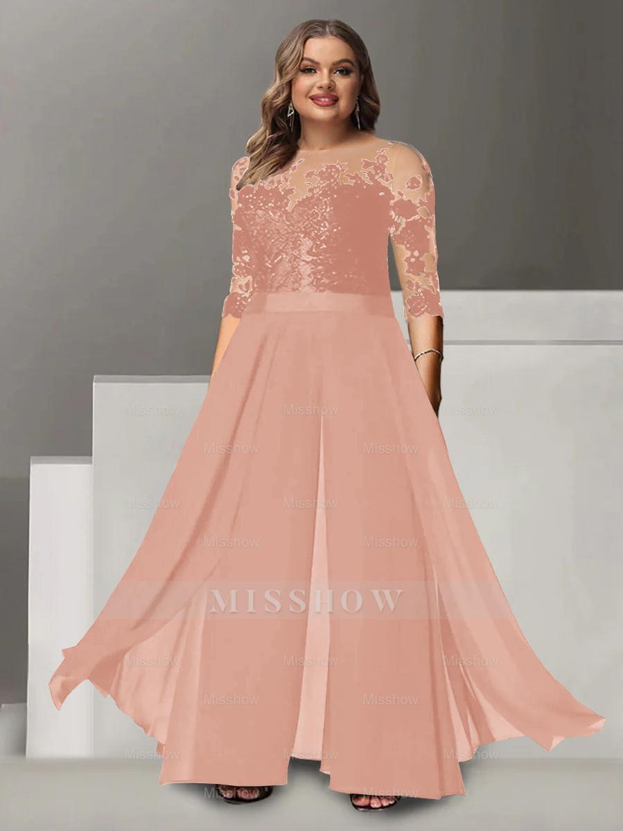 Princess A-Line Floor-Length Plus Size Mother of the Bride Pantsuit with Applique and 3/4 Sleeves Jewel Neck