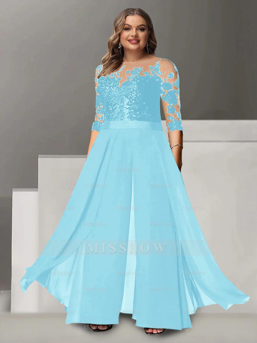 Princess A-Line Floor-Length Plus Size Mother of the Bride Pantsuit with Applique and 3/4 Sleeves Jewel Neck