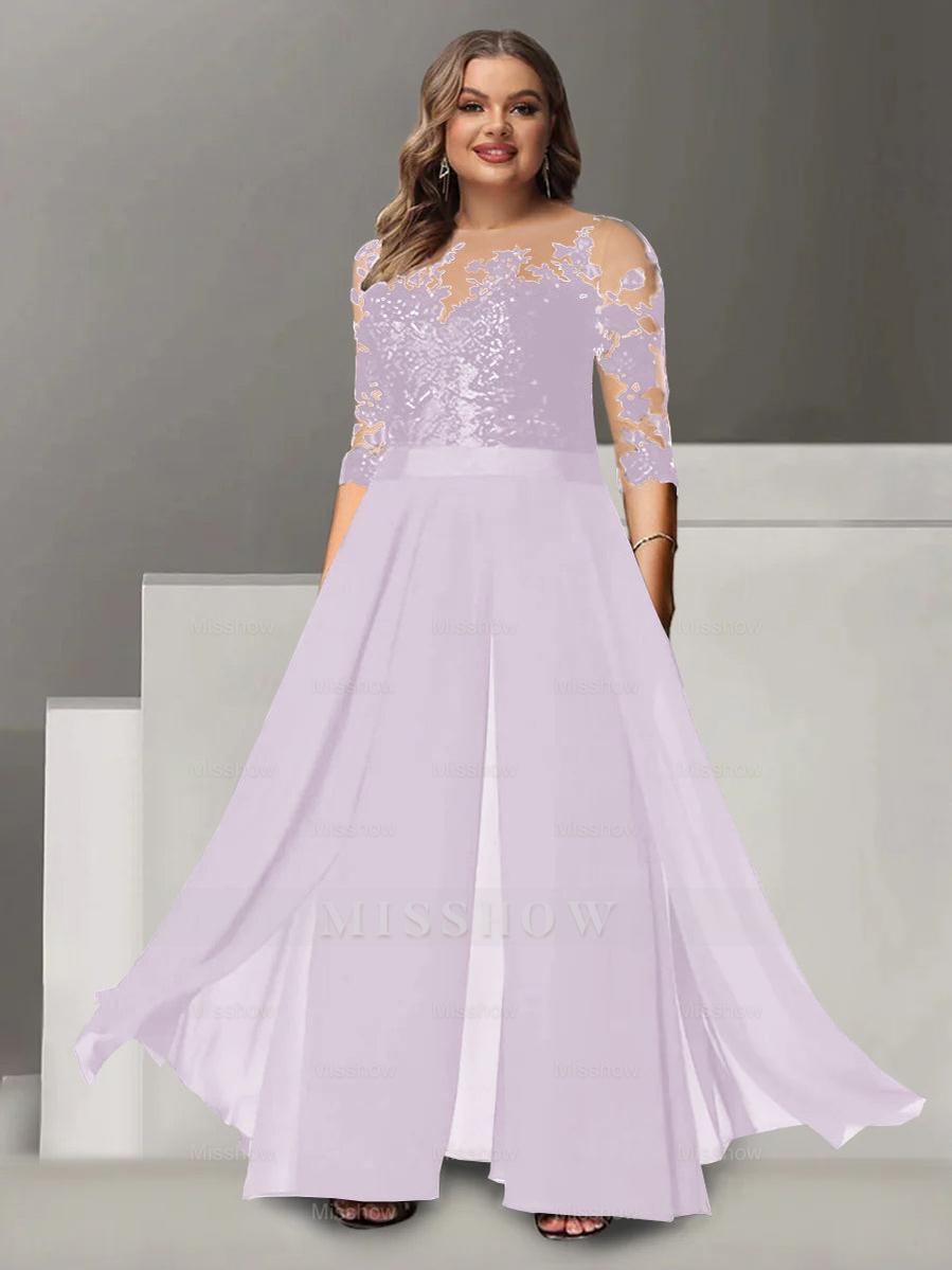 Princess A-Line Floor-Length Plus Size Mother of the Bride Pantsuit with Applique and 3/4 Sleeves Jewel Neck