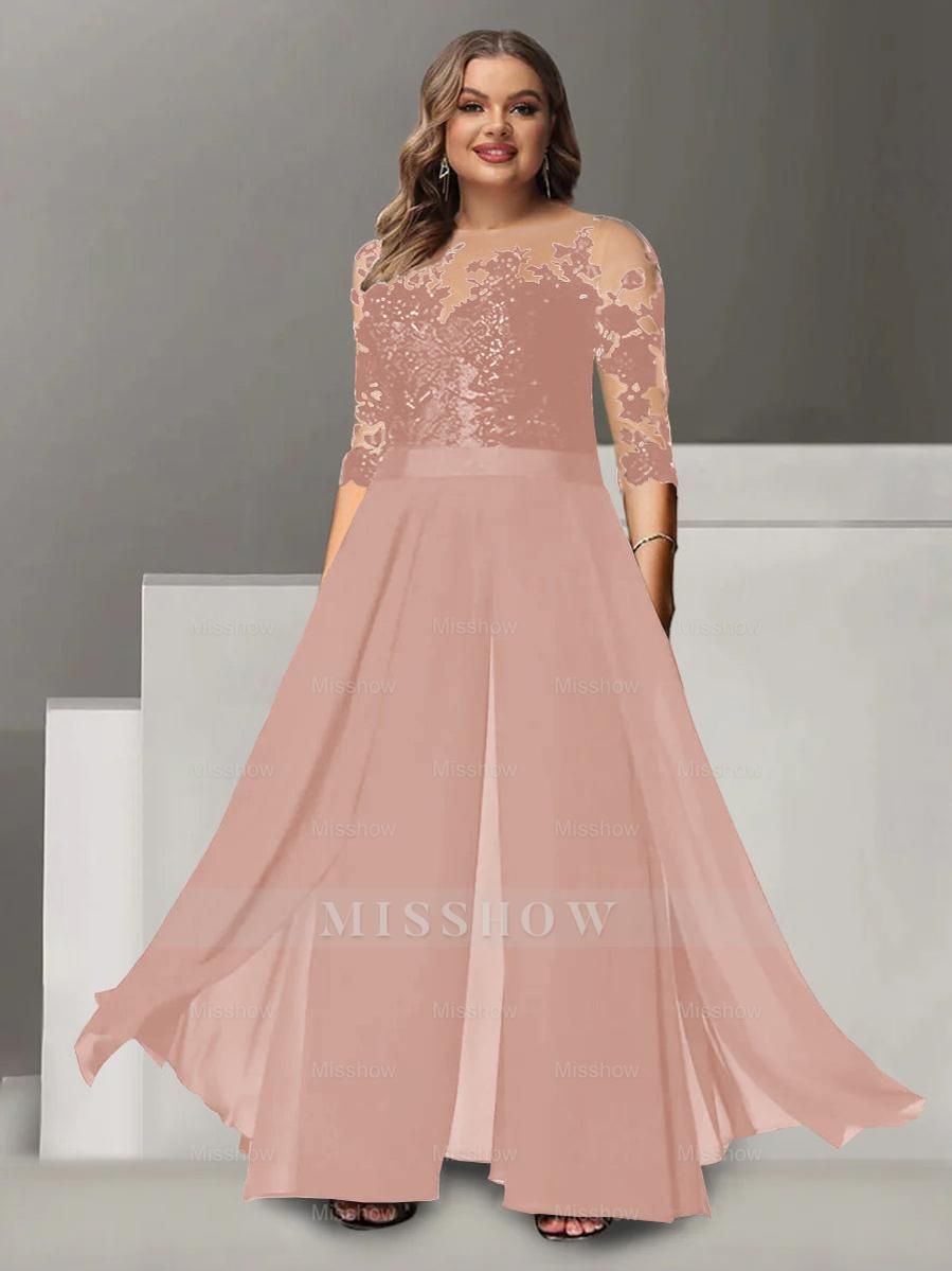 Princess A-Line Floor-Length Plus Size Mother of the Bride Pantsuit with Applique and 3/4 Sleeves Jewel Neck