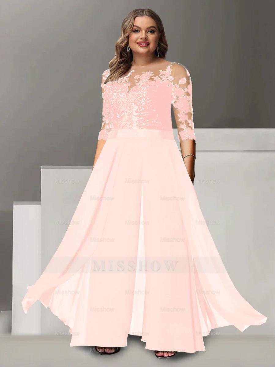 Princess A-Line Floor-Length Plus Size Mother of the Bride Pantsuit with Applique and 3/4 Sleeves Jewel Neck