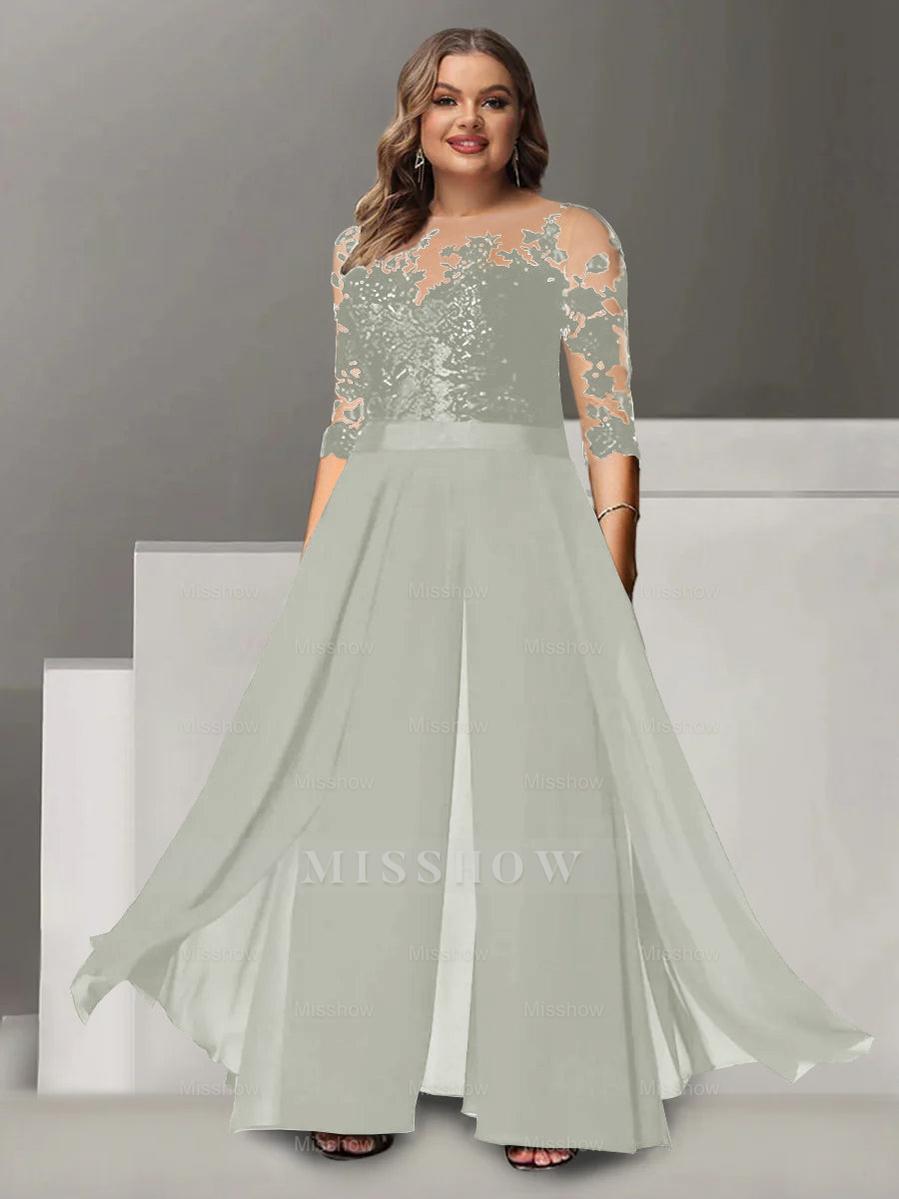 Princess A-Line Floor-Length Plus Size Mother of the Bride Pantsuit with Applique and 3/4 Sleeves Jewel Neck
