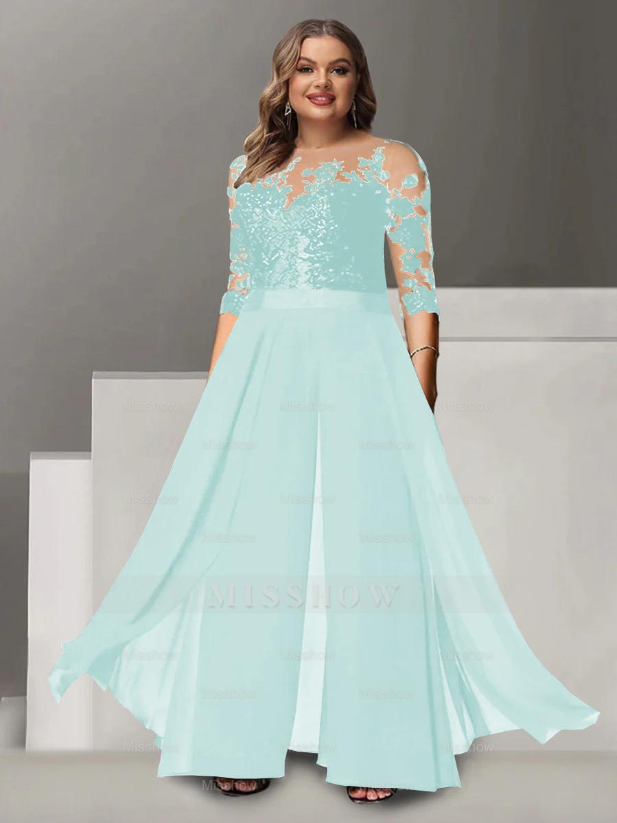 Princess A-Line Floor-Length Plus Size Mother of the Bride Pantsuit with Applique and 3/4 Sleeves Jewel Neck