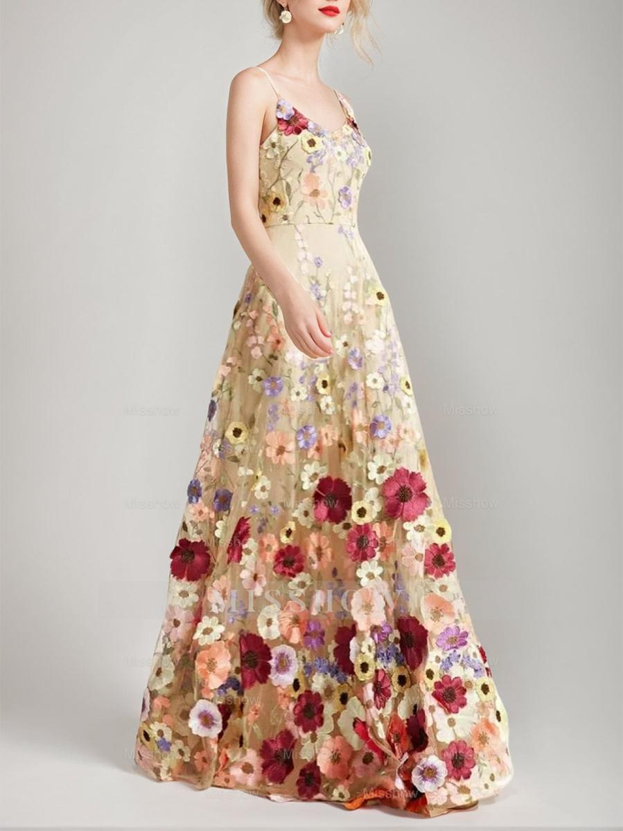 Princess A-Line Floor-Length Stylish Evening Dresses with Printed Flower Spaghetti Straps and Sleeveless