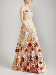 Princess A-Line Floor-Length Stylish Evening Dresses with Printed Flower Spaghetti Straps and Sleeveless