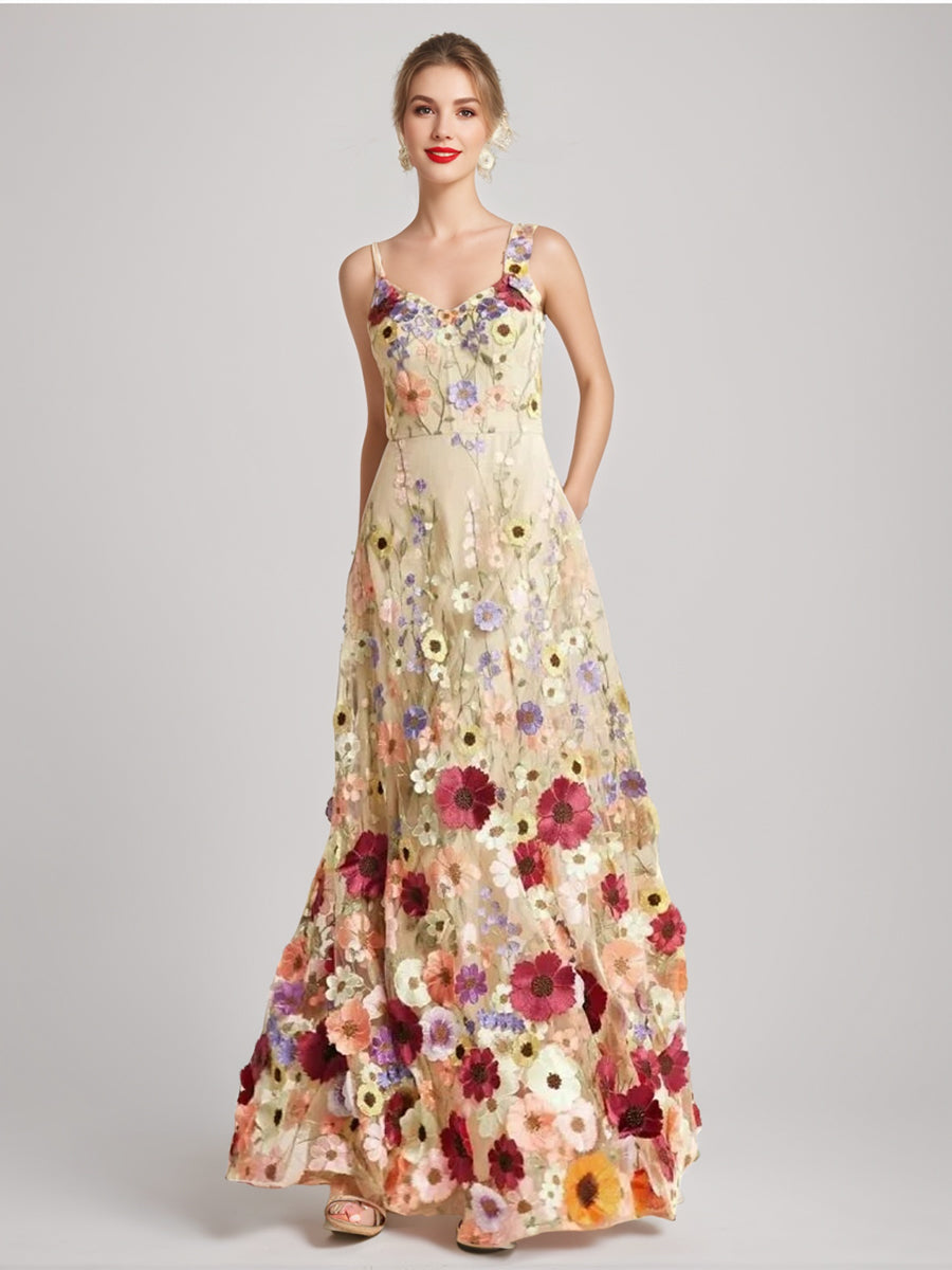 Princess A-Line Floor-Length Stylish Evening Dresses with Printed Flower Spaghetti Straps and Sleeveless