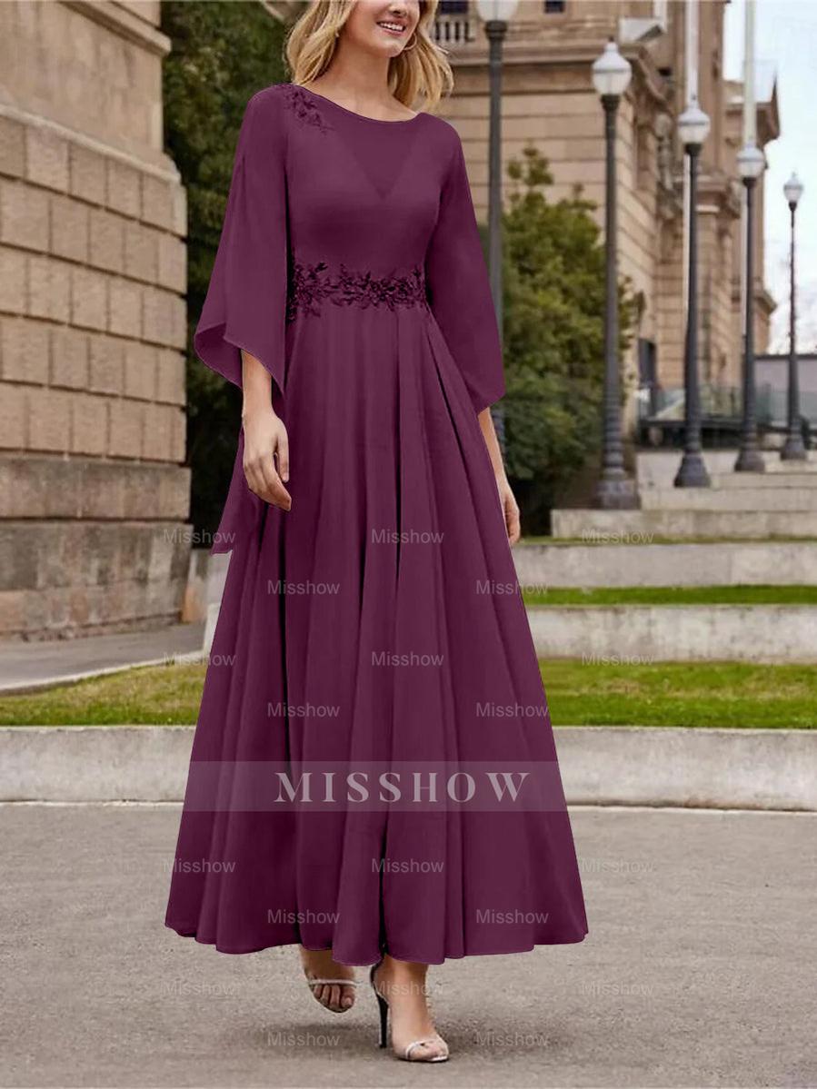 Princess A-Line Jewel Neck 3/4 Sleeve Sequined Ankle-Length Mother of the Bride Gown