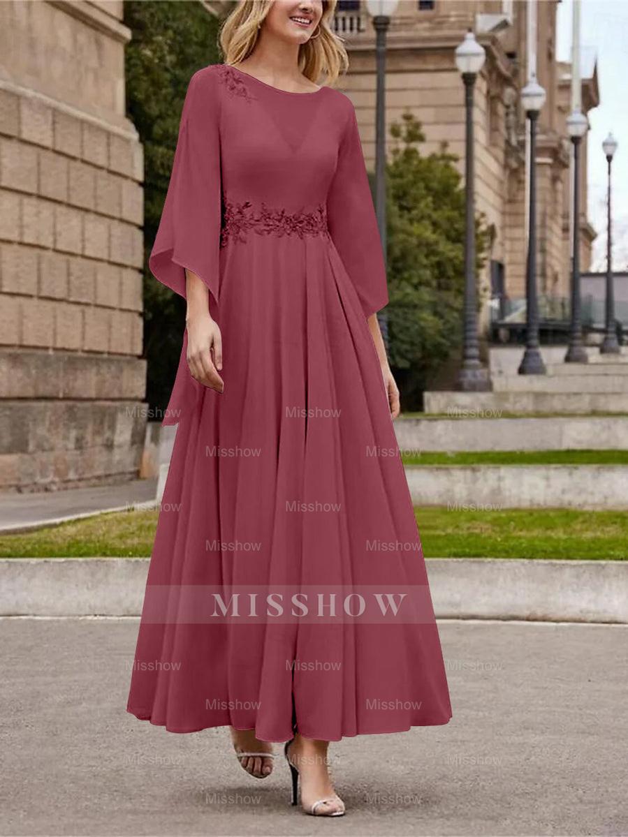 Princess A-Line Jewel Neck 3/4 Sleeve Sequined Ankle-Length Mother of the Bride Gown