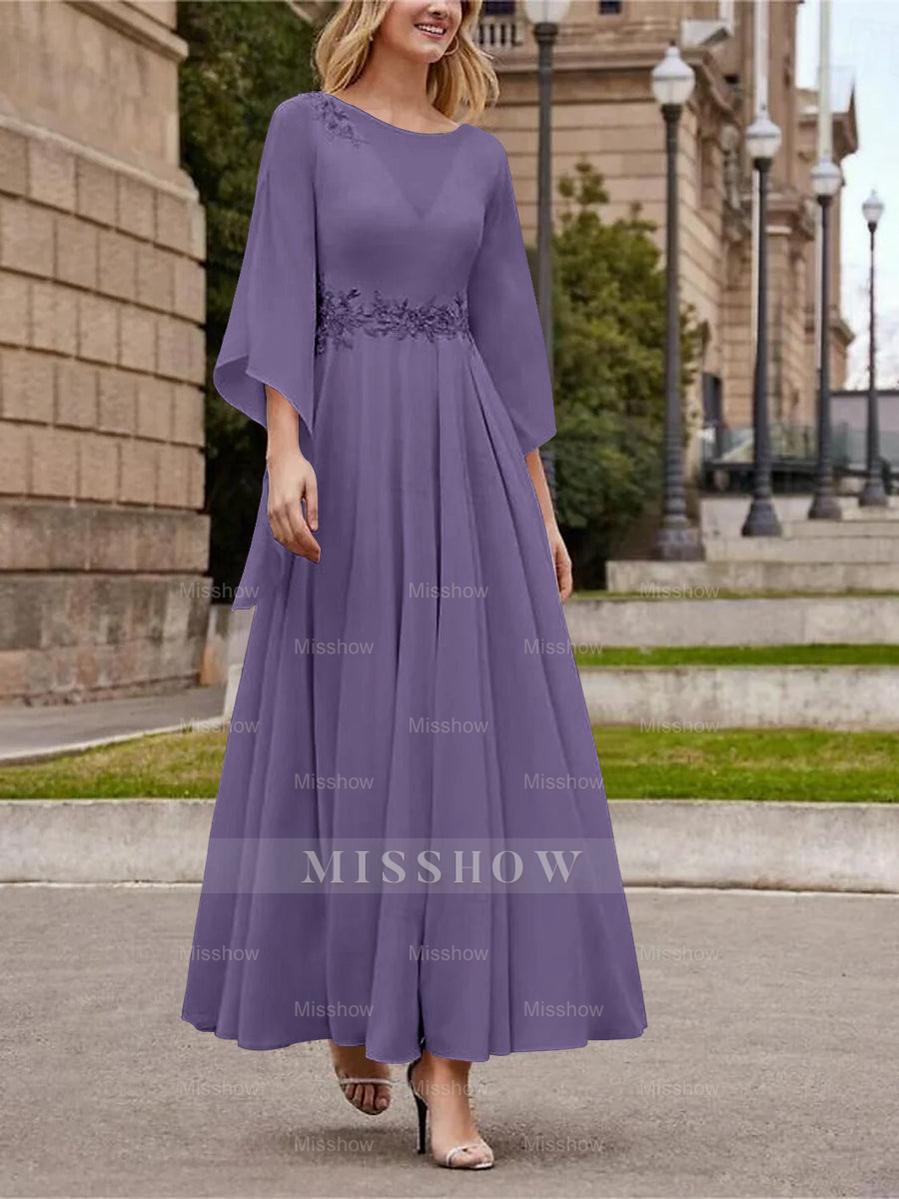 Princess A-Line Jewel Neck 3/4 Sleeve Sequined Ankle-Length Mother of the Bride Gown