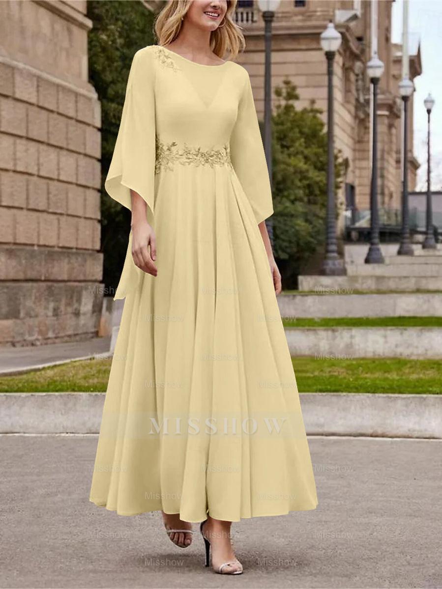 Princess A-Line Jewel Neck 3/4 Sleeve Sequined Ankle-Length Mother of the Bride Gown