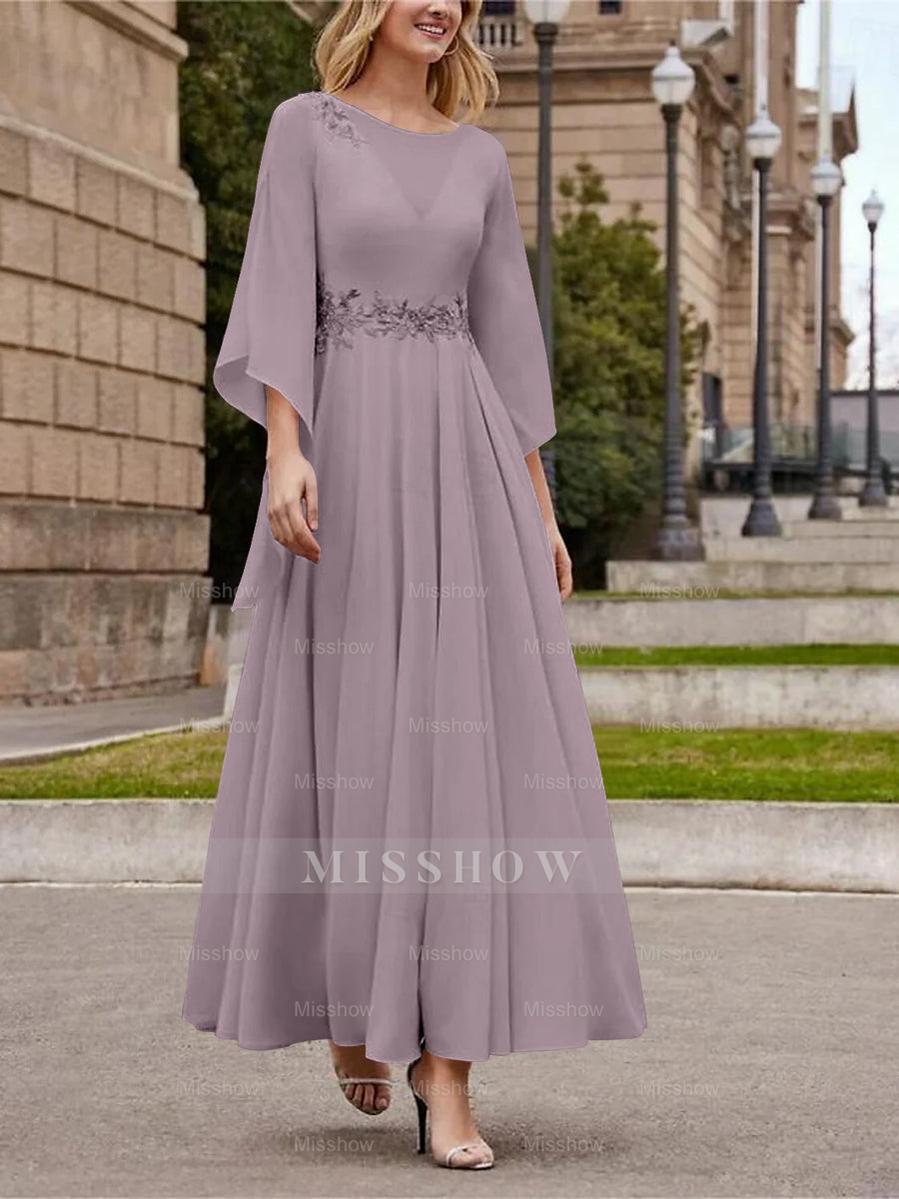 Princess A-Line Jewel Neck 3/4 Sleeve Sequined Ankle-Length Mother of the Bride Gown