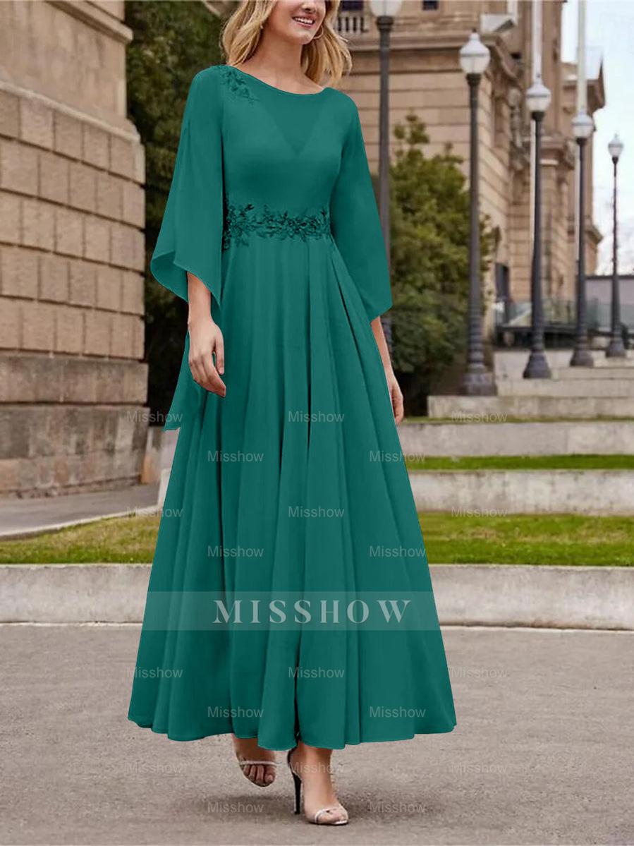 Princess A-Line Jewel Neck 3/4 Sleeve Sequined Ankle-Length Mother of the Bride Gown