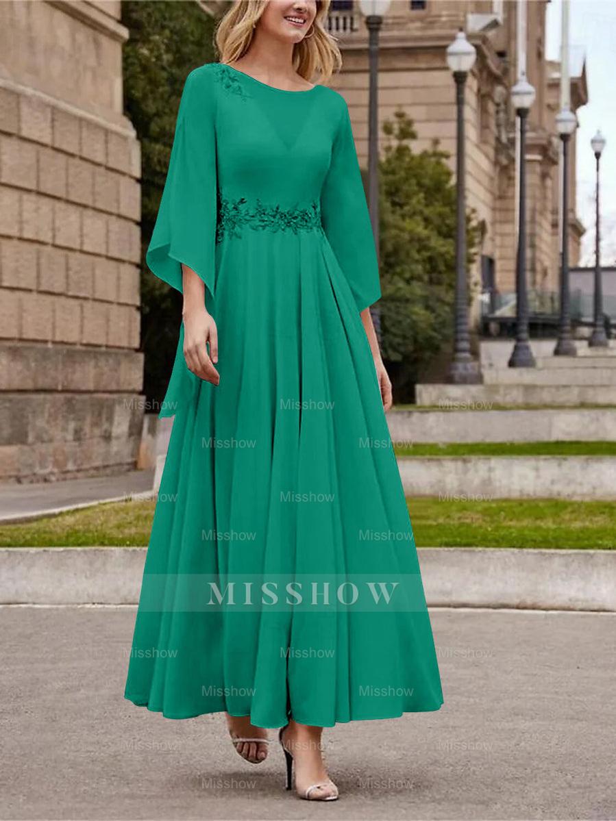 Princess A-Line Jewel Neck 3/4 Sleeve Sequined Ankle-Length Mother of the Bride Gown