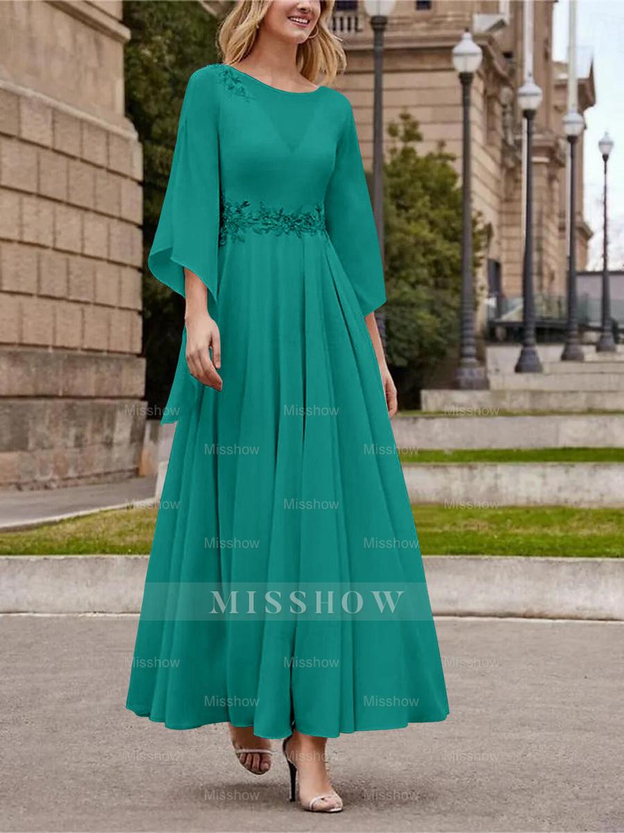 Princess A-Line Jewel Neck 3/4 Sleeve Sequined Ankle-Length Mother of the Bride Gown