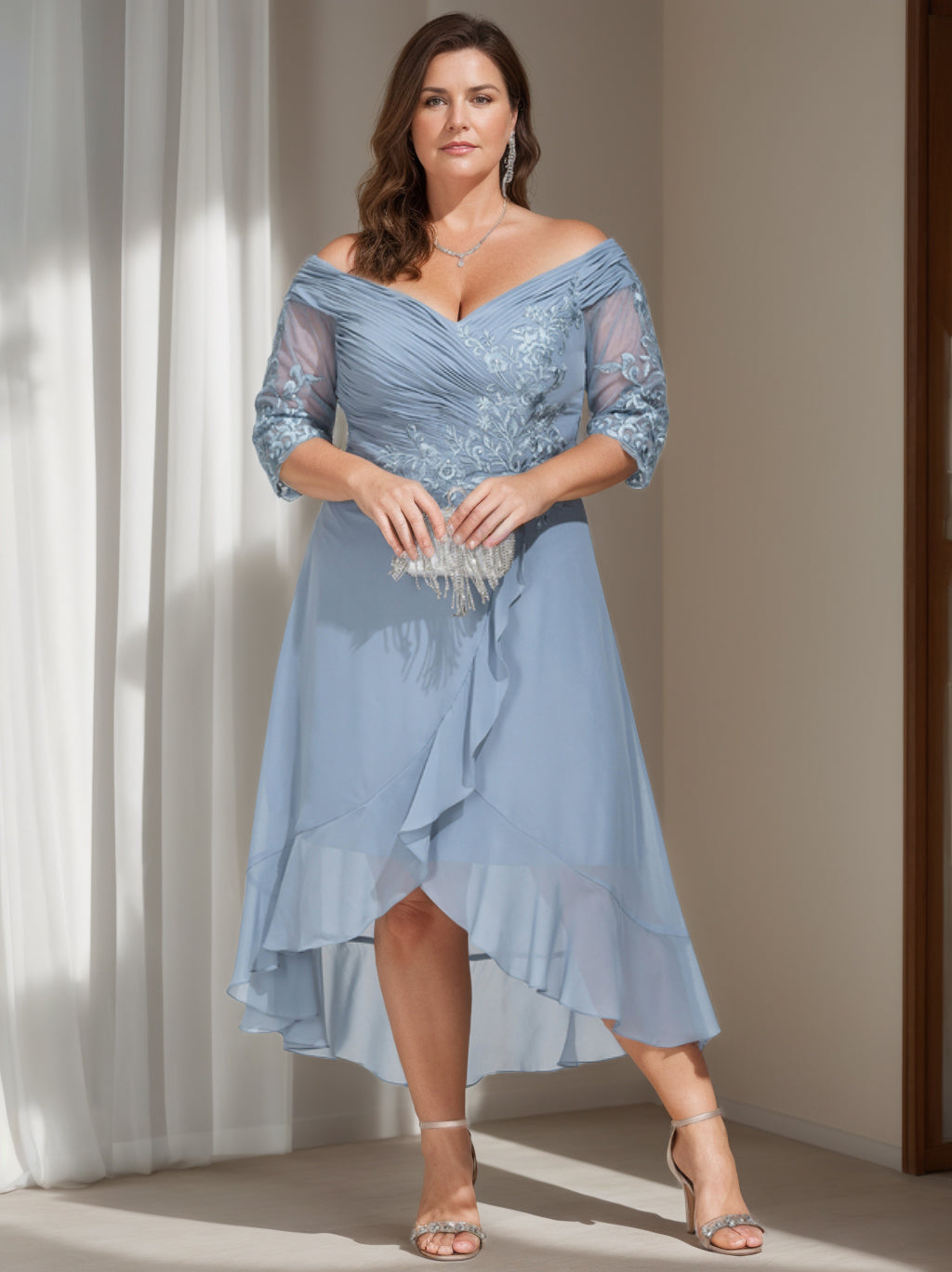 Princess A-Line Off-the-Shoulder Asymmetrical Plus Size Mother of the Bride Gown with 3/4 Sleeves and Sequins
