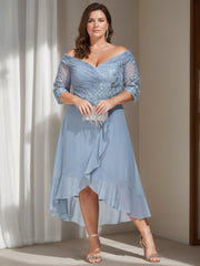 Princess A-Line Off-the-Shoulder Asymmetrical Plus Size Mother of the Bride Gown with 3/4 Sleeves and Sequins