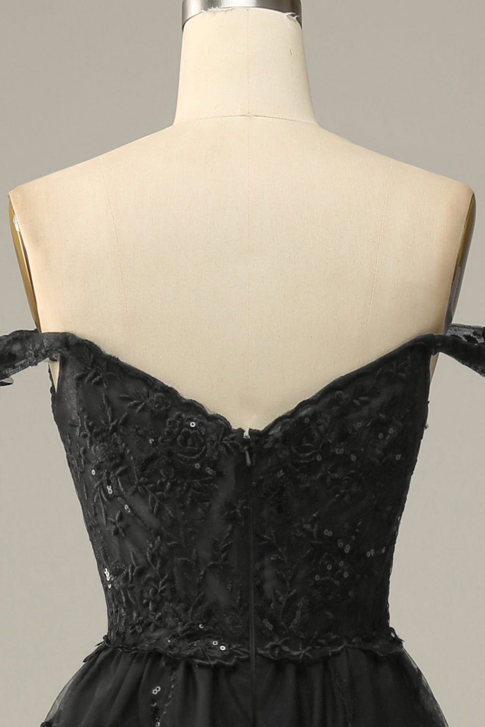 Black off-the-shoulder ruffled A-line prom dress
