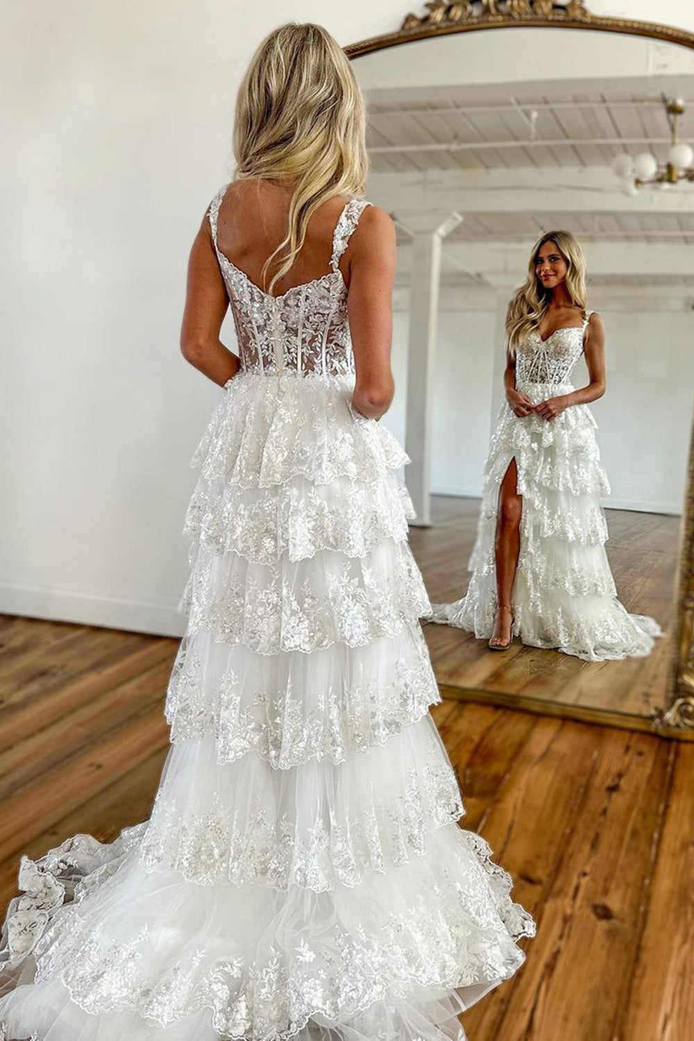 White off-the-shoulder ruffled A-line prom dress