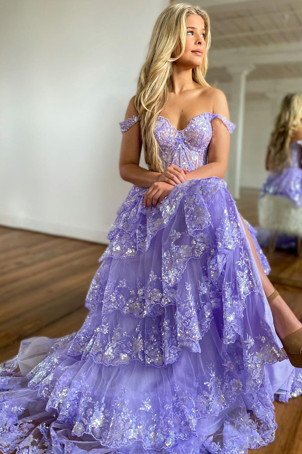 Lilac off-the-shoulder ruffled A-line prom dress