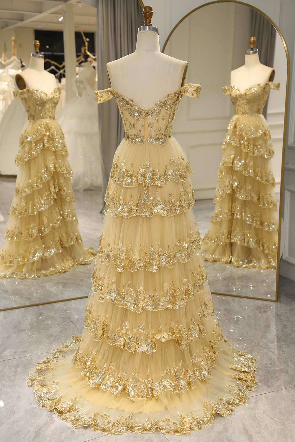 Gold off-the-shoulder ruffled A-line prom dress