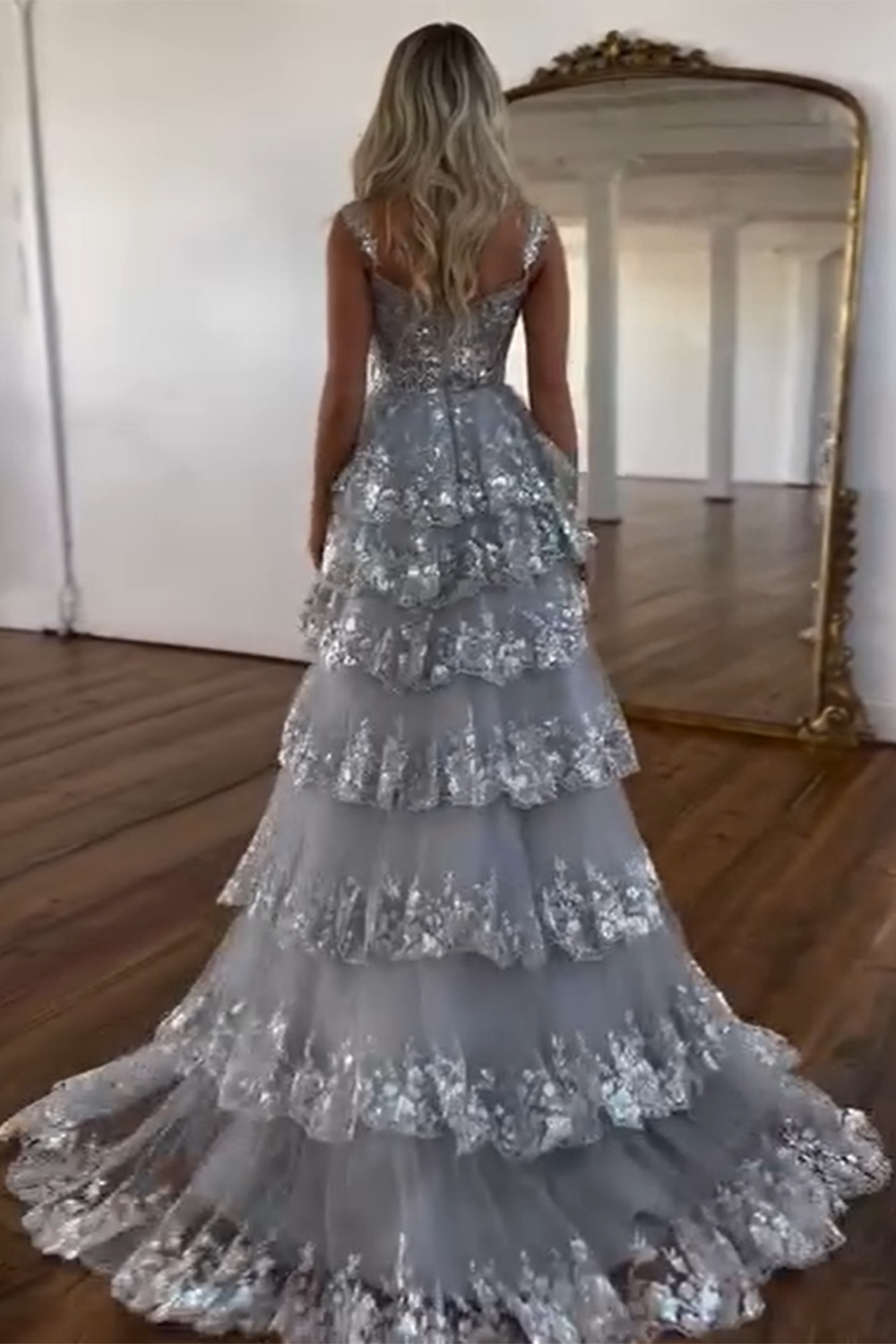 Silver off-the-shoulder ruffled A-line prom dress