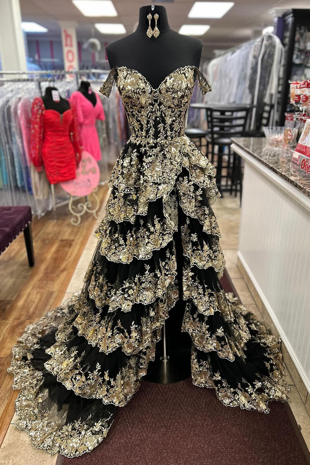 Black off-the-shoulder ruffled A-line prom dress