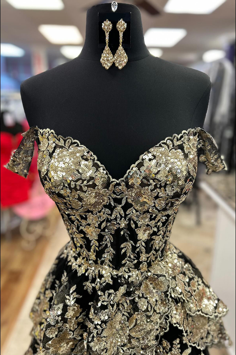 Black off-the-shoulder ruffled A-line prom dress