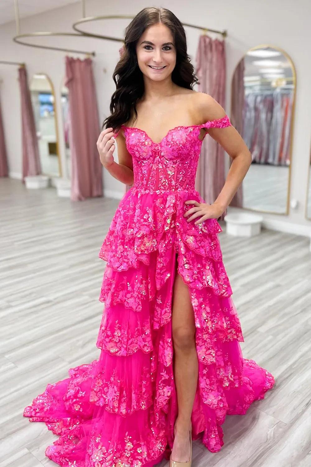 Hot pink off-the-shoulder ruffled A-line prom dress