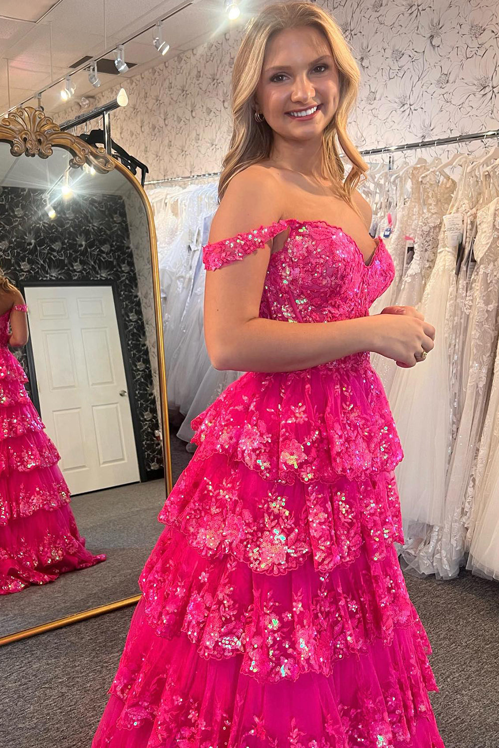 Hot pink off-the-shoulder ruffled A-line prom dress