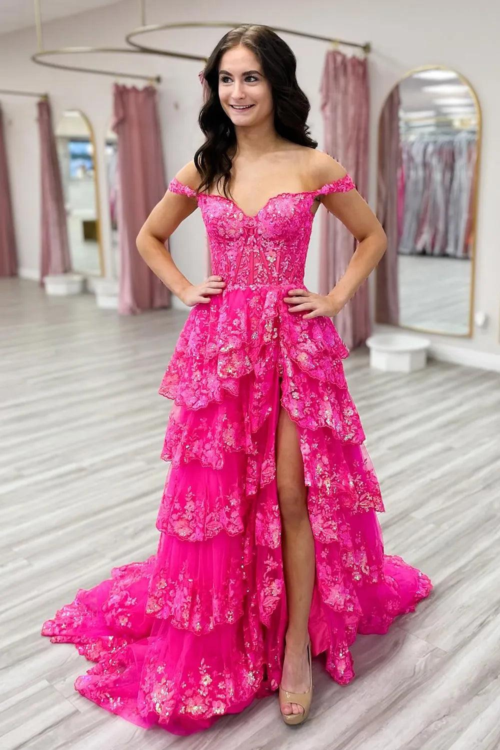 Hot pink off-the-shoulder ruffled A-line prom dress