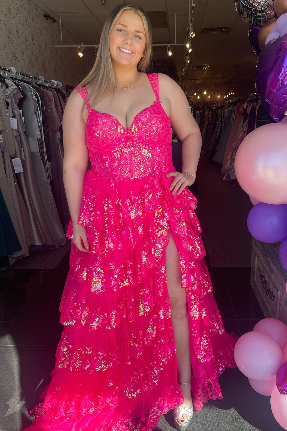 Hot pink off-the-shoulder ruffled A-line prom dress