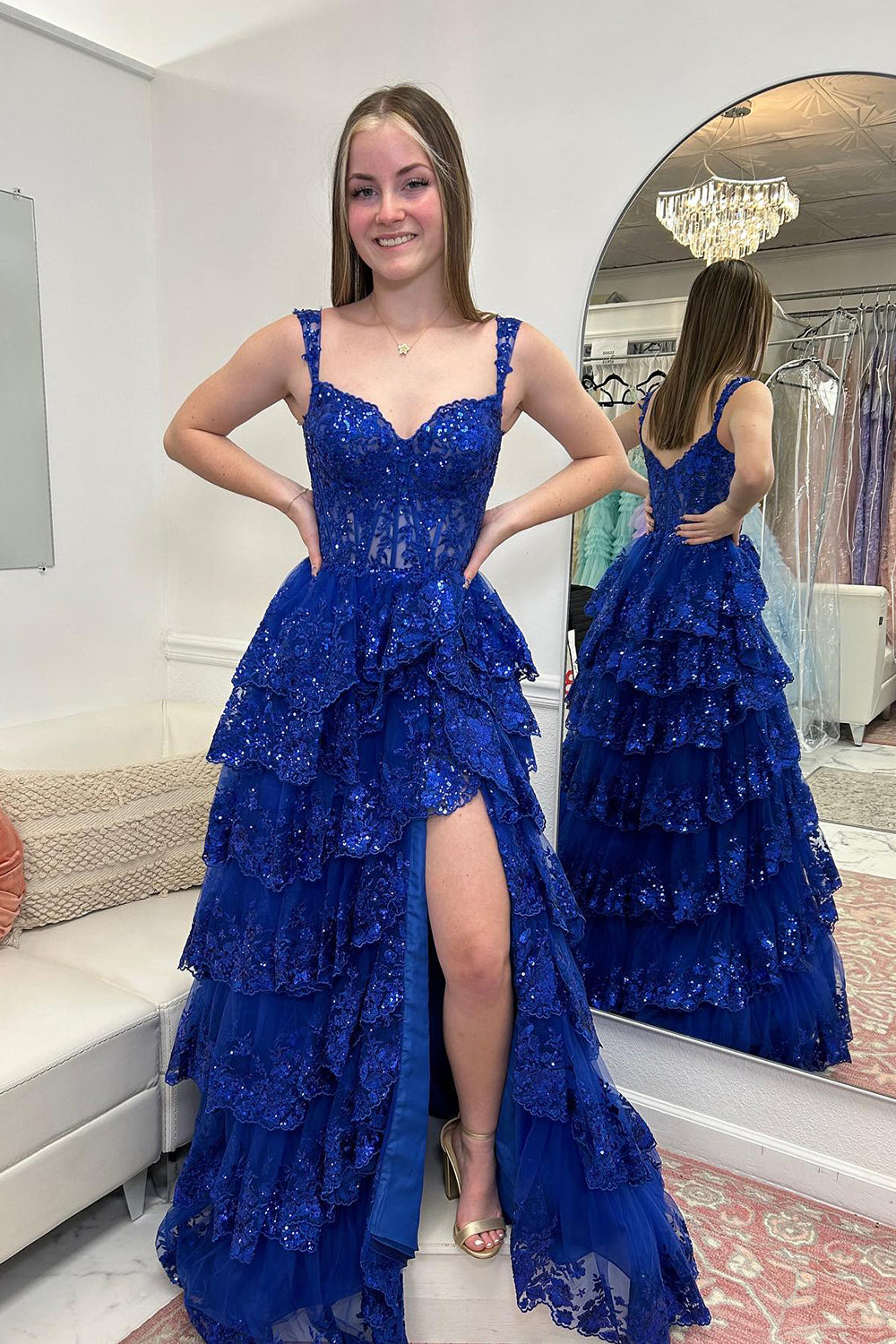 Royal blue off-the-shoulder ruffled A-line prom dress
