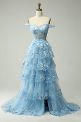 Light blue off-the-shoulder ruffled A-line prom dress